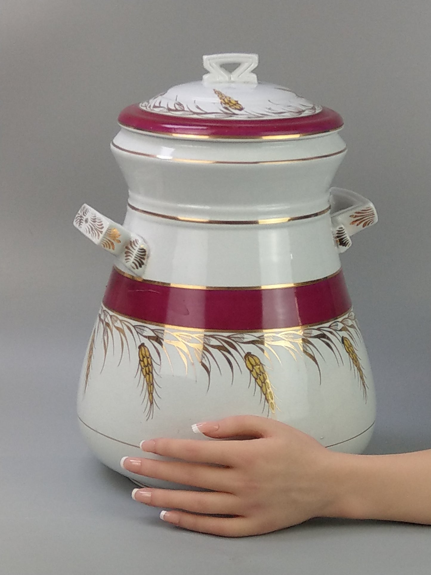 Antique Large Flour Bin in Burgundy with Gold Ear of Wheat Design