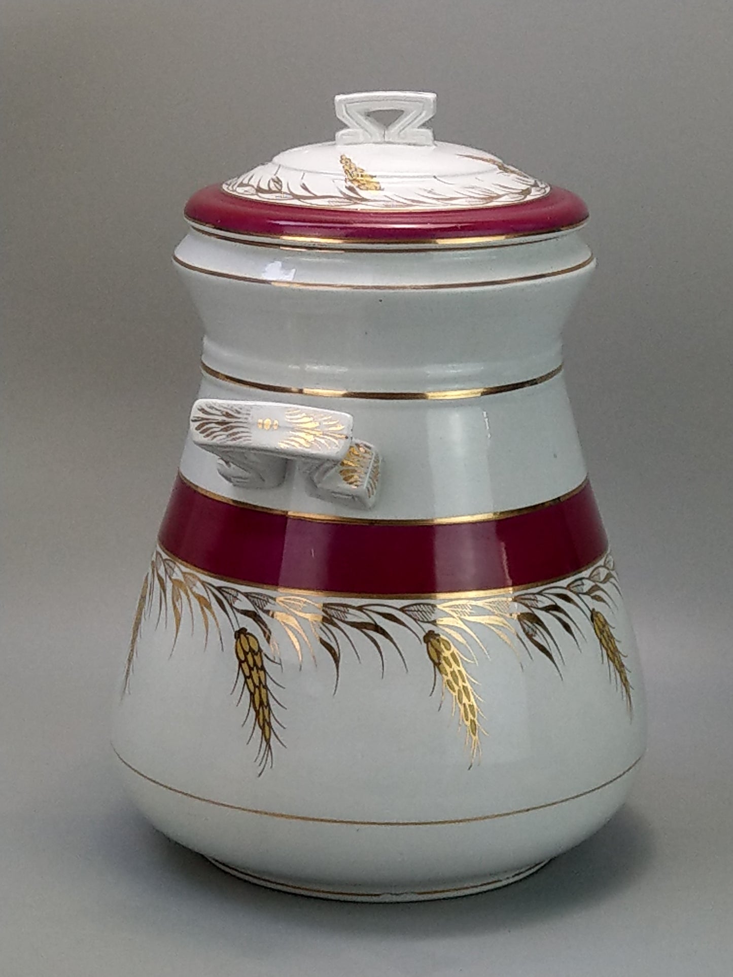 Antique Large Flour Bin in Burgundy with Gold Ear of Wheat Design