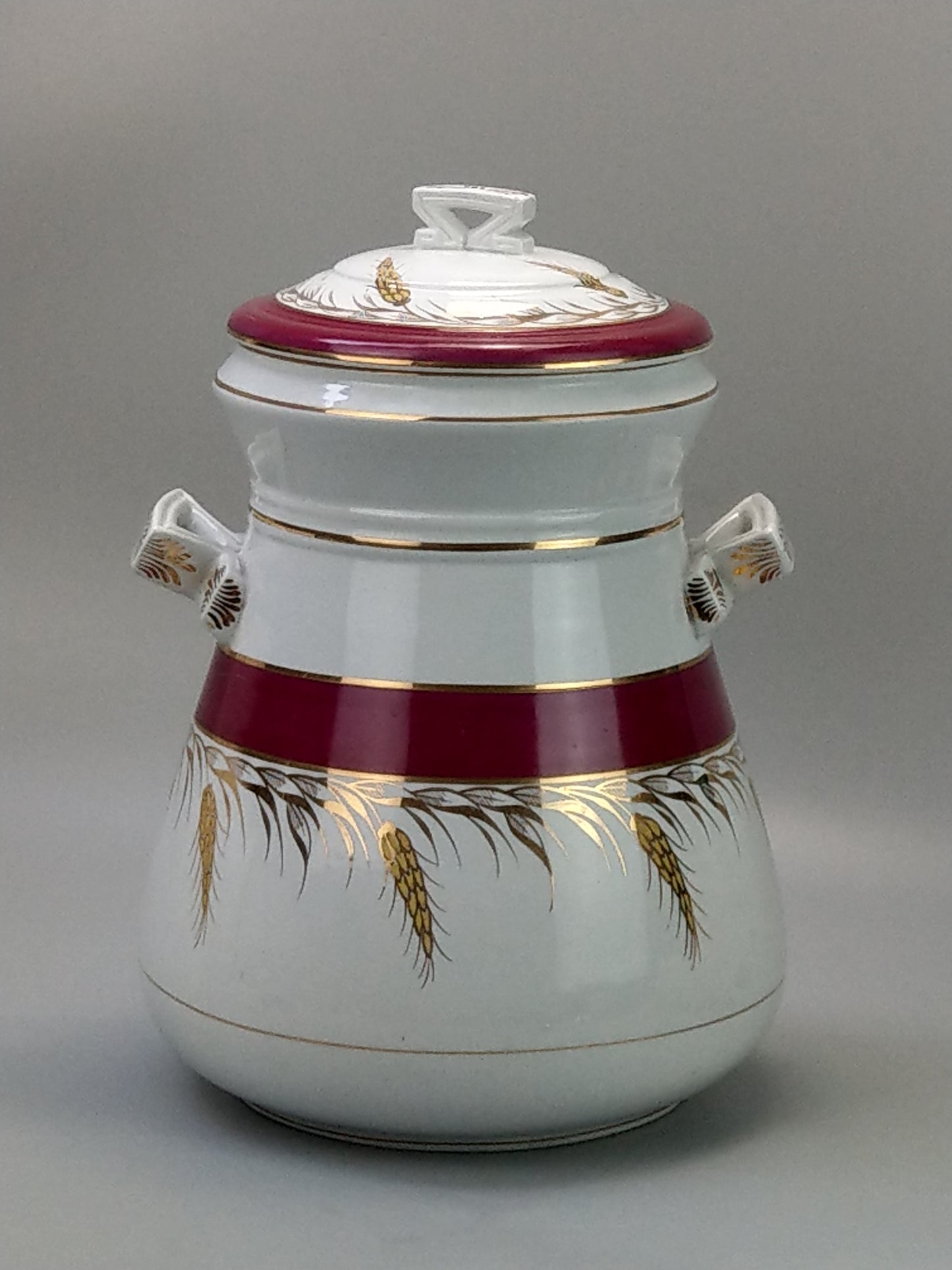 Antique Large Flour Bin in Burgundy with Gold Ear of Wheat Design