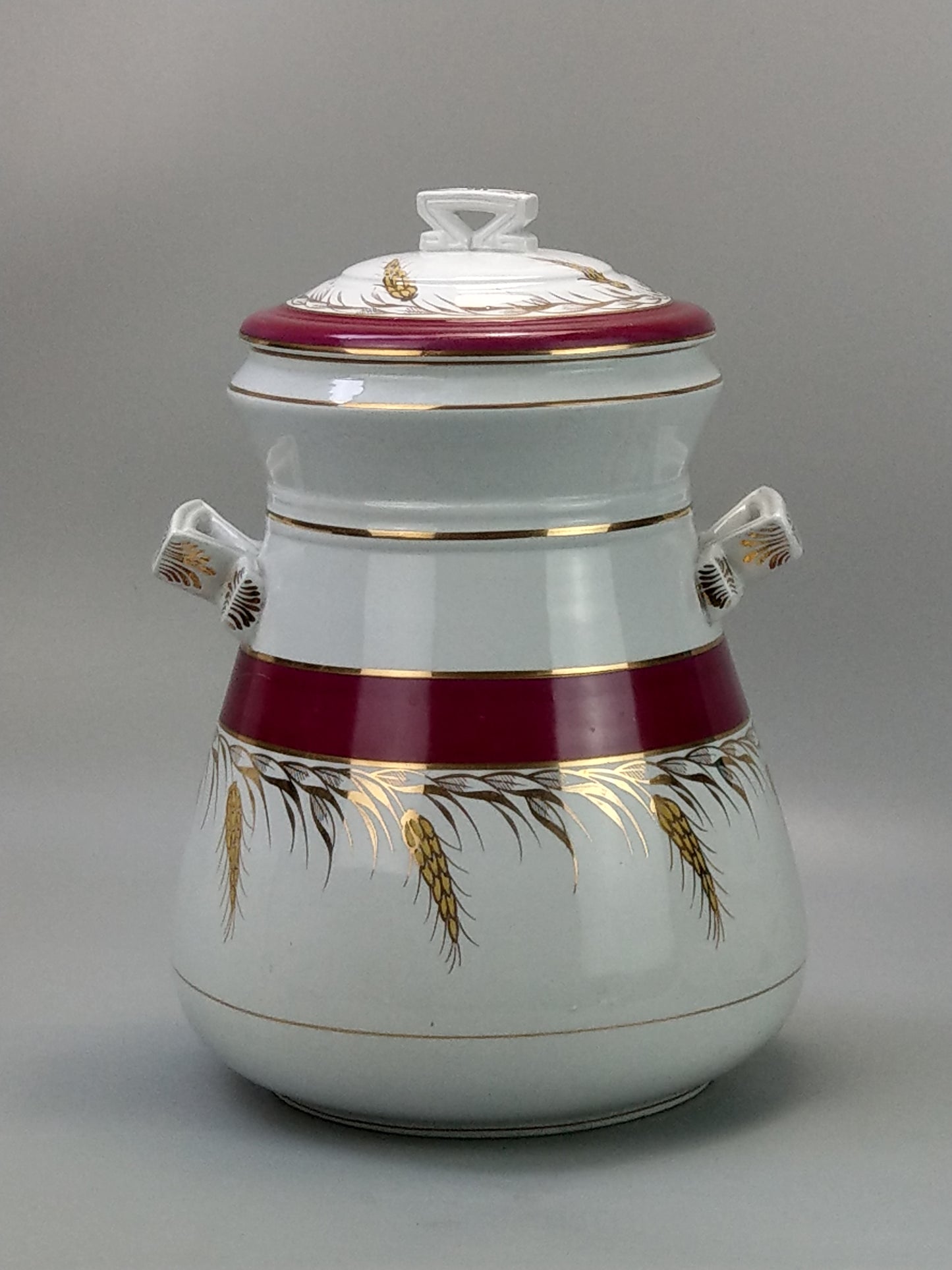 Antique Large Flour Bin in Burgundy with Gold Ear of Wheat Design