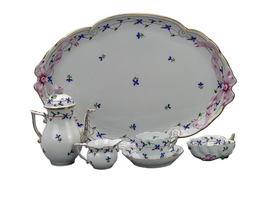 Herend porcelain coffee set for one - Cornflower Garland with pink ribbo