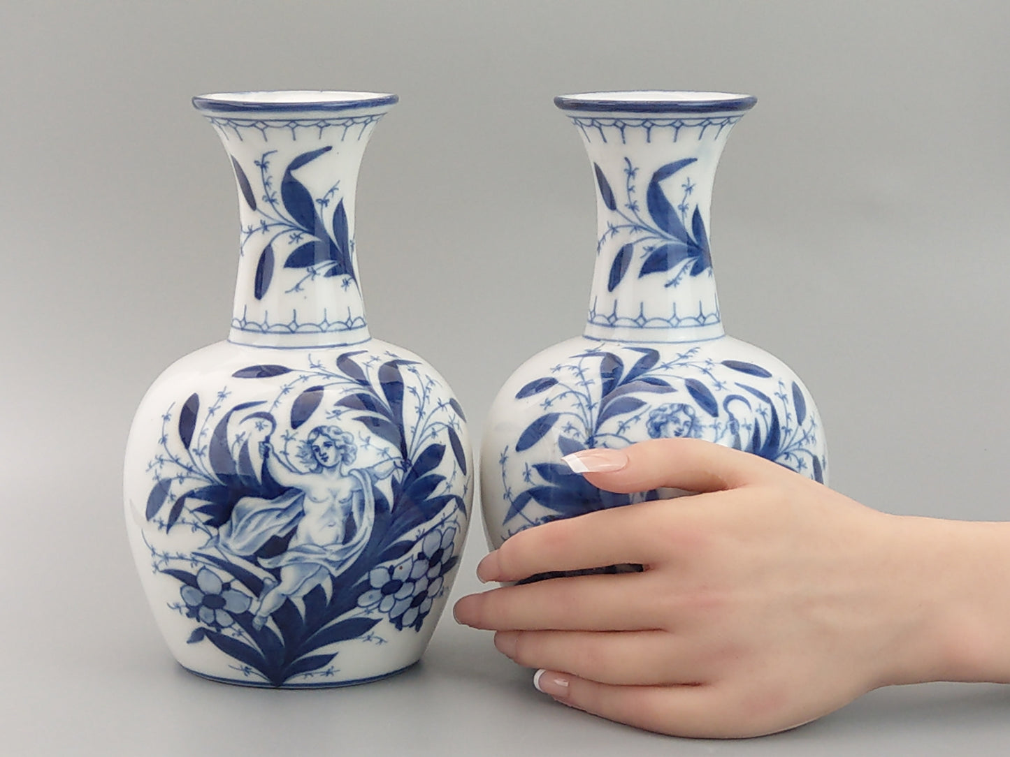 Pair of Blue and White Sitzendorf Porcelain Vases with Cherubs c.1897