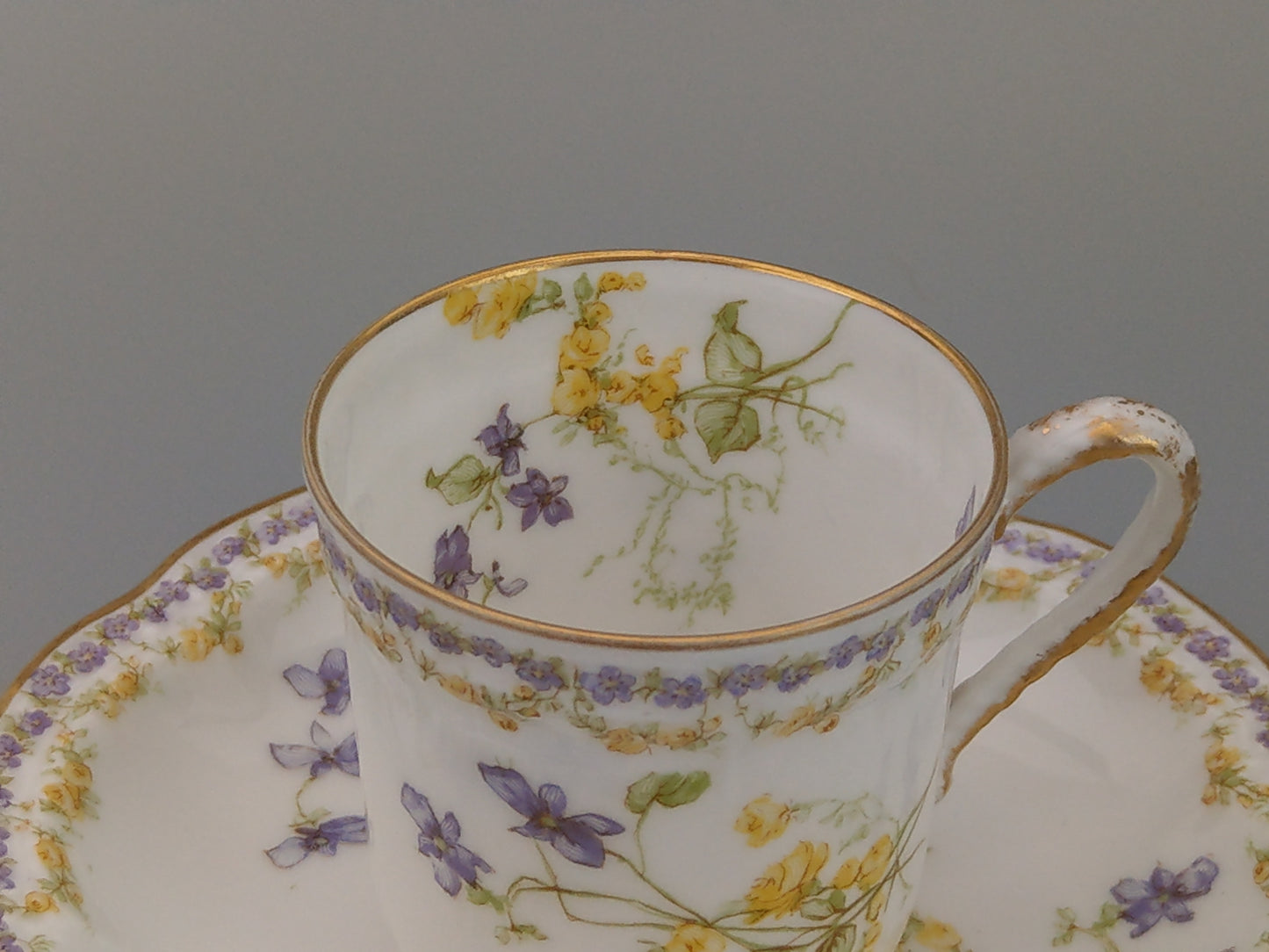 Limoges Coffee Can and Saucer Lavender and Yellow Floral Havilland and Co