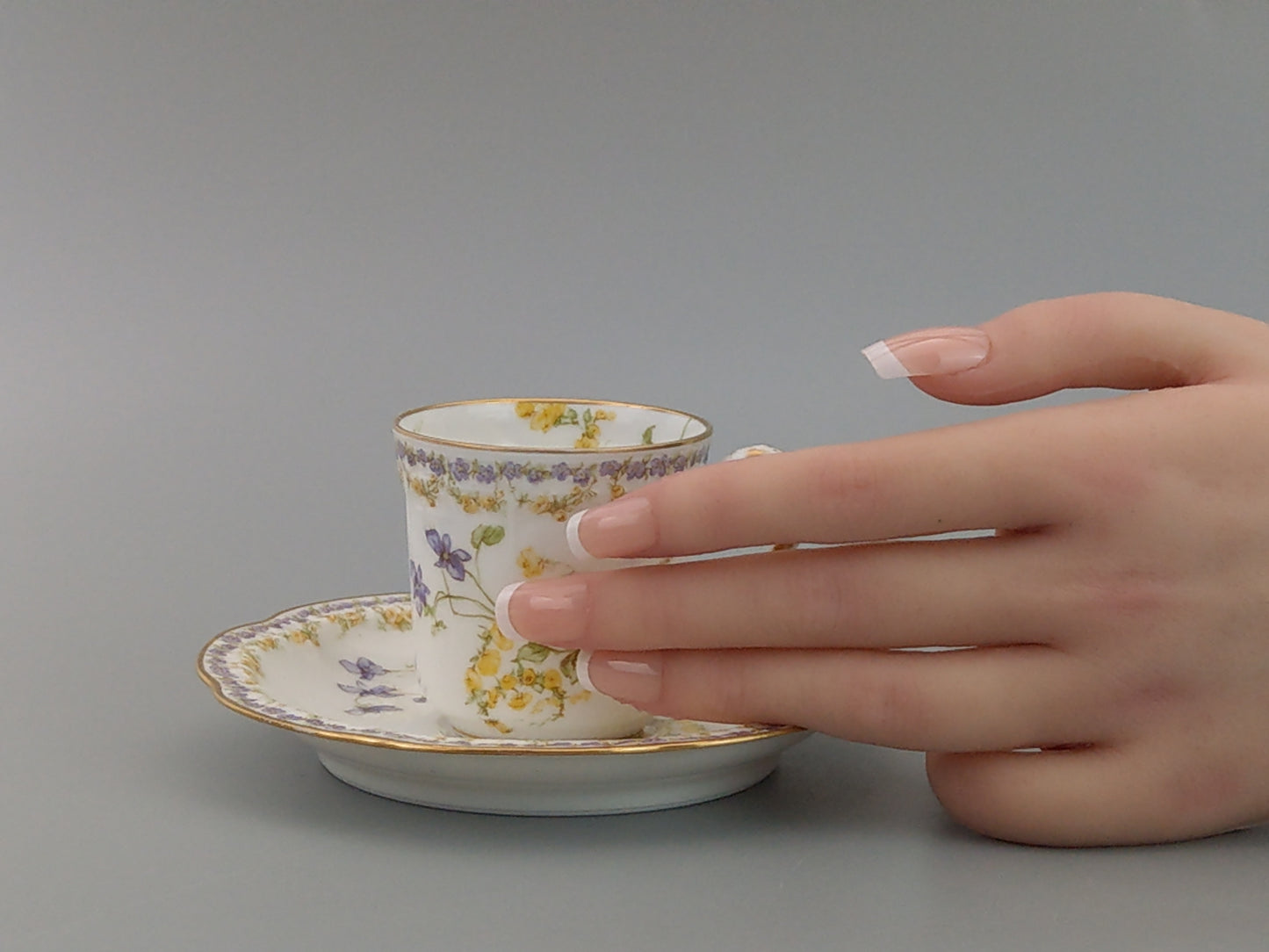 Limoges Coffee Can and Saucer Lavender and Yellow Floral Havilland and Co