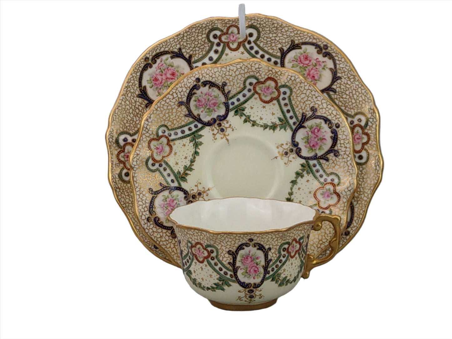 cup and saucer, antique cup, victorian cup, Rococo-style Cup, collector gift cup, gold on yellow cup, teacup rococo style, Isabel Aspden Trio, Isabel Aspden, Roses and Garland, Aspden Royal Doulton, Trio tea set, gold web pattern,