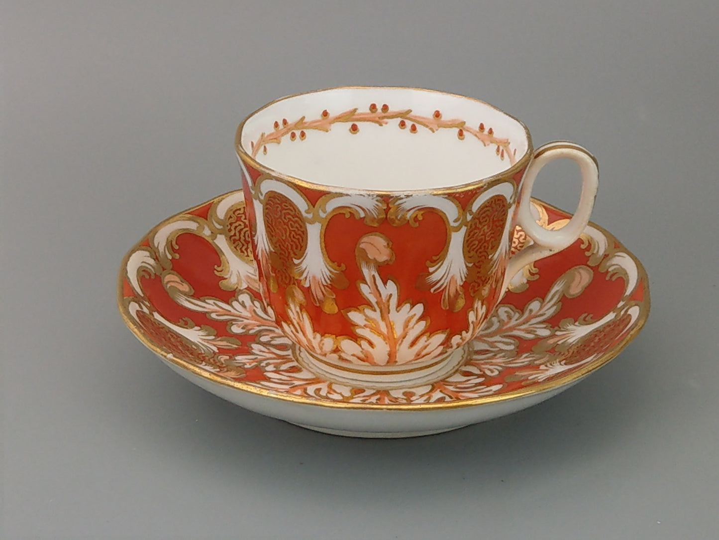 Rococo-style Cup and Saucer, Orange and Gold Davenport c1850, Pattern 2144