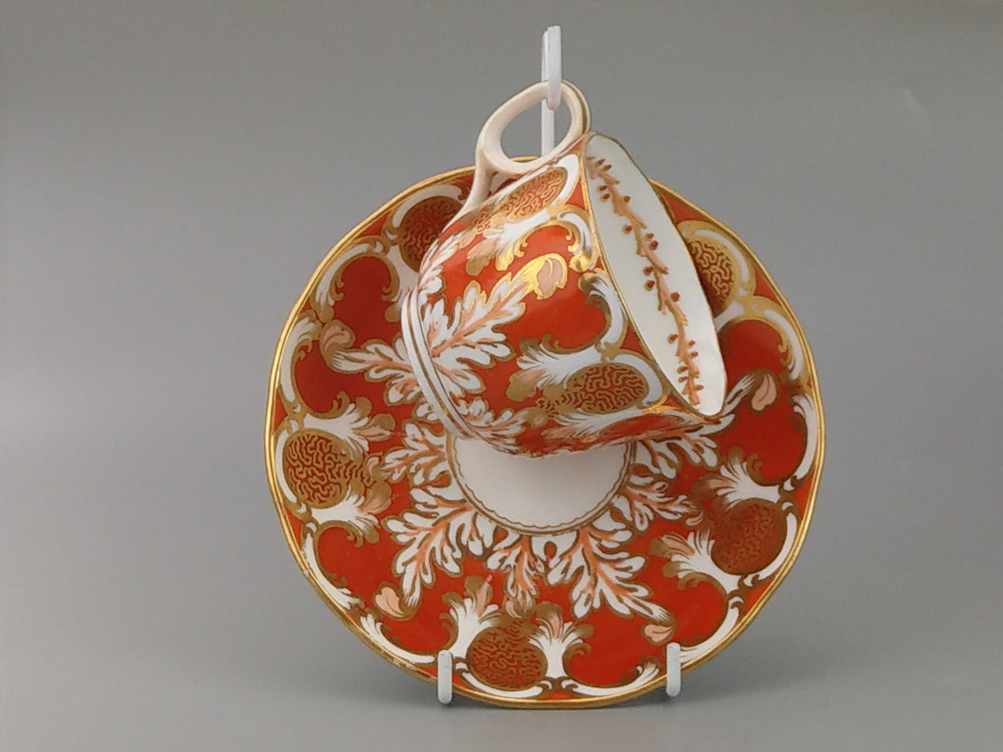 Rococo-style Cup and Saucer, Orange and Gold Davenport c1850, Pattern 2144