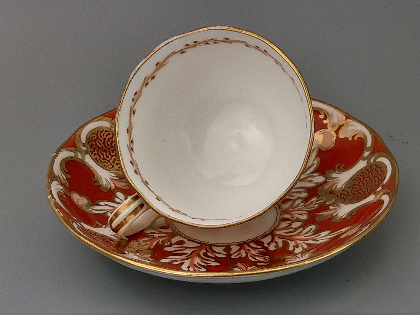 Rococo-style Cup and Saucer, Orange and Gold Davenport c1850, Pattern 2144