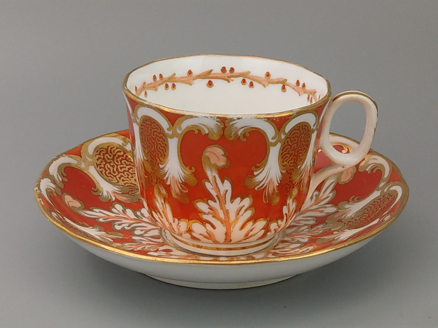 Rococo-style Cup and Saucer, Orange and Gold Davenport c1850, Pattern 2144