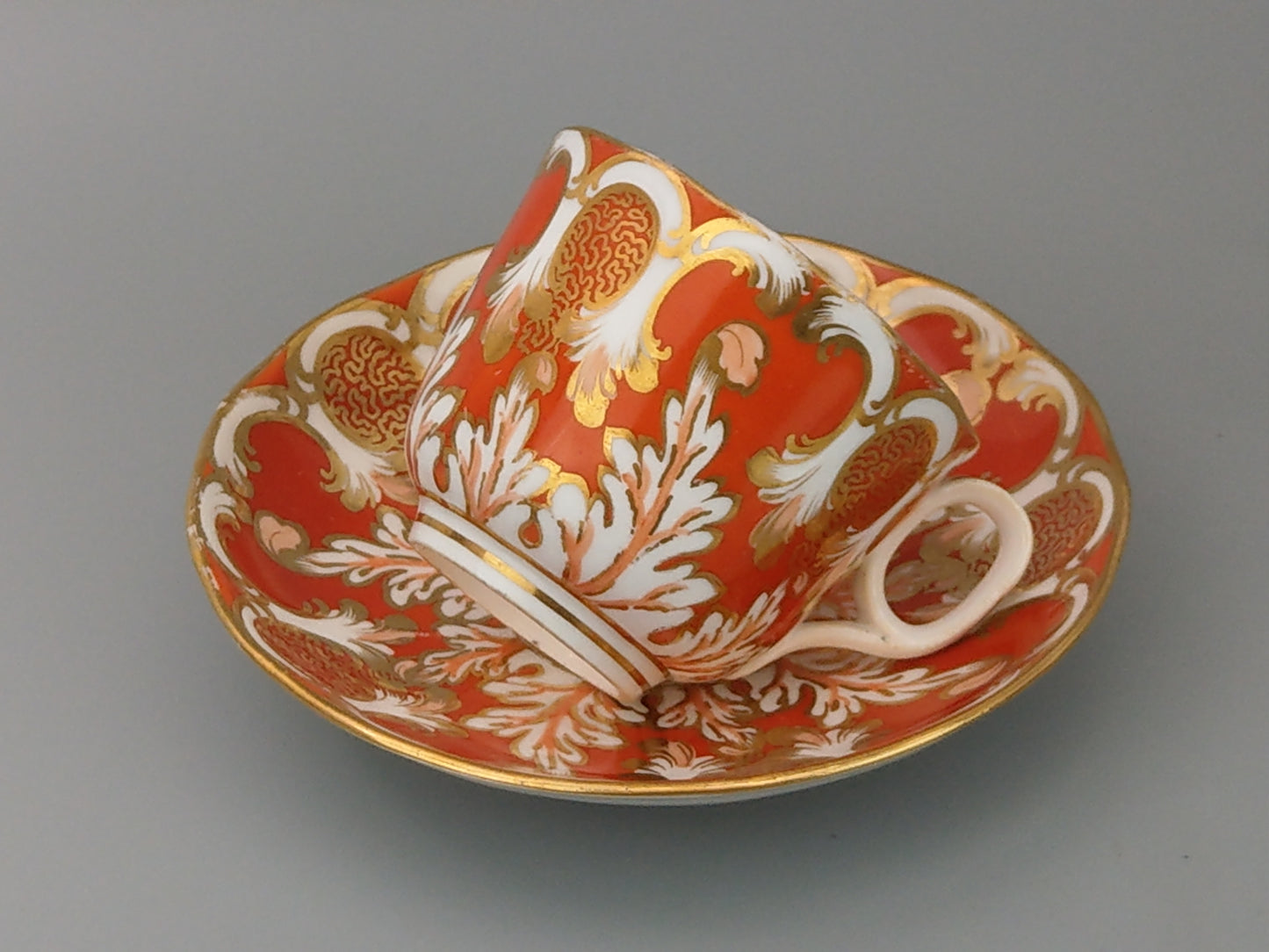 Rococo-style Cup and Saucer, Orange and Gold Davenport c1850, Pattern 2144