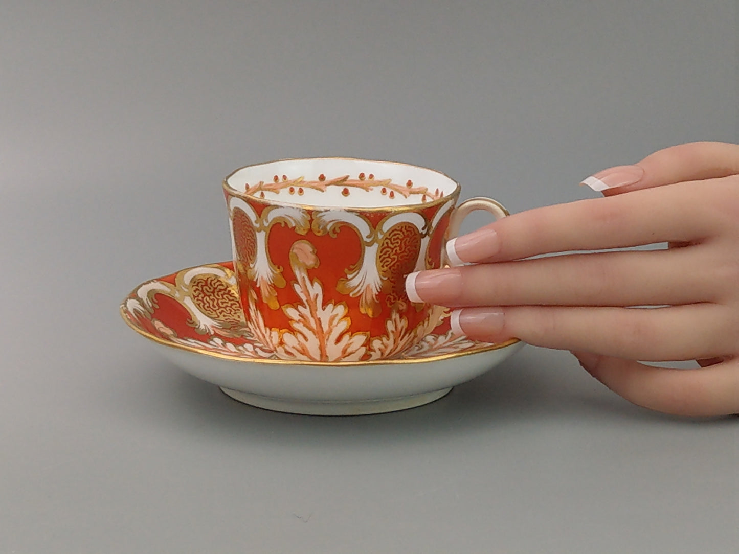 Rococo-style Cup and Saucer, Orange and Gold Davenport c1850, Pattern 2144