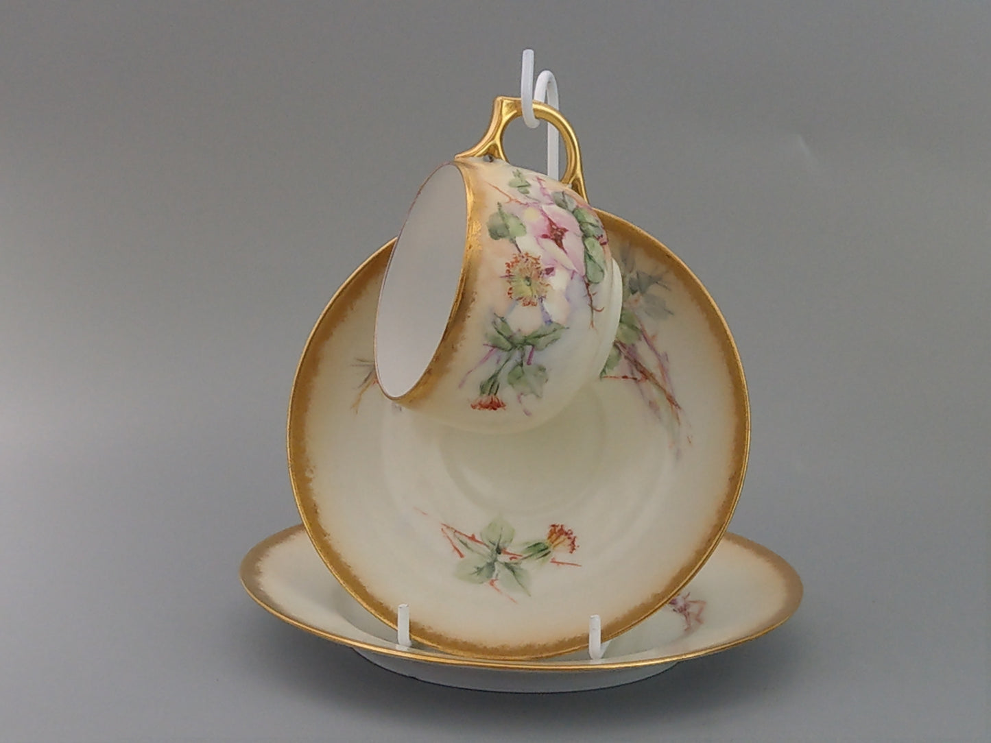 German Floral Trio Teacup and Saucer, Hand-Painted with Gold Gilt Rim