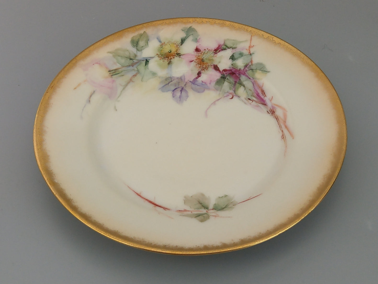 German Floral Trio Teacup and Saucer, Hand-Painted with Gold Gilt Rim