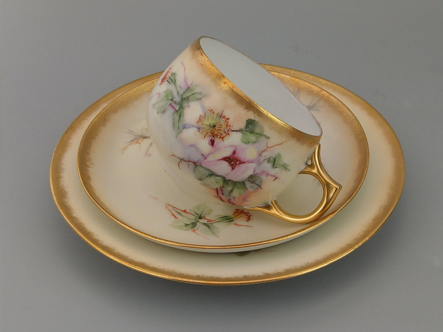 German Floral Trio Teacup and Saucer, Hand-Painted with Gold Gilt Rim