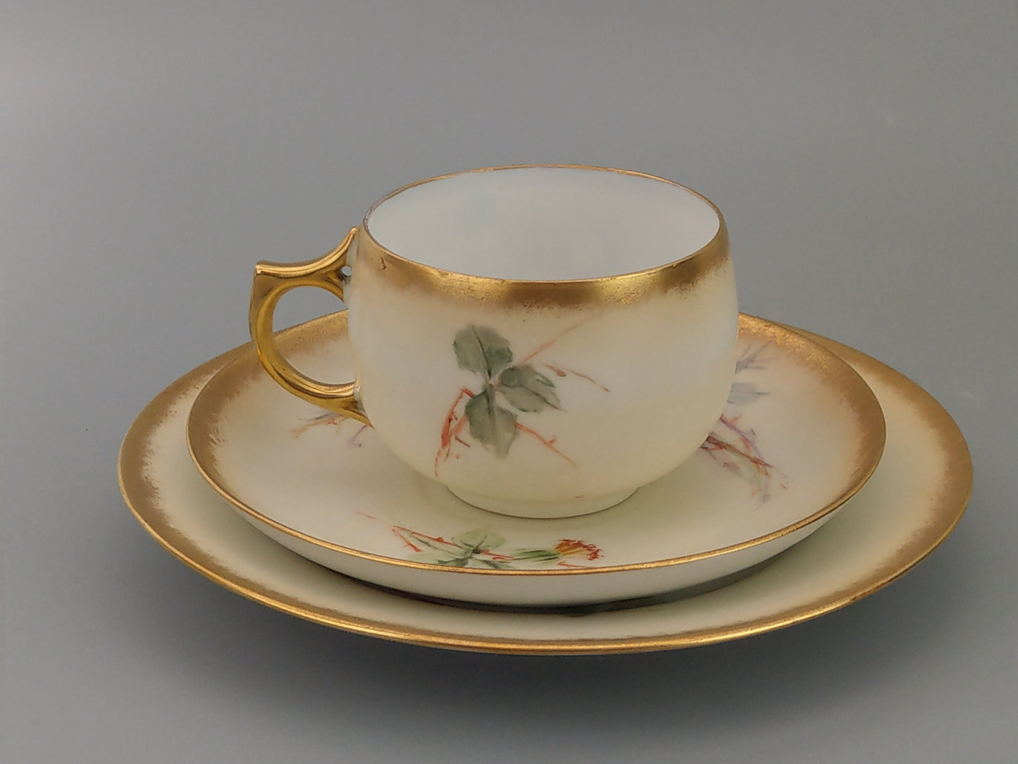 German Floral Trio Teacup and Saucer, Hand-Painted with Gold Gilt Rim