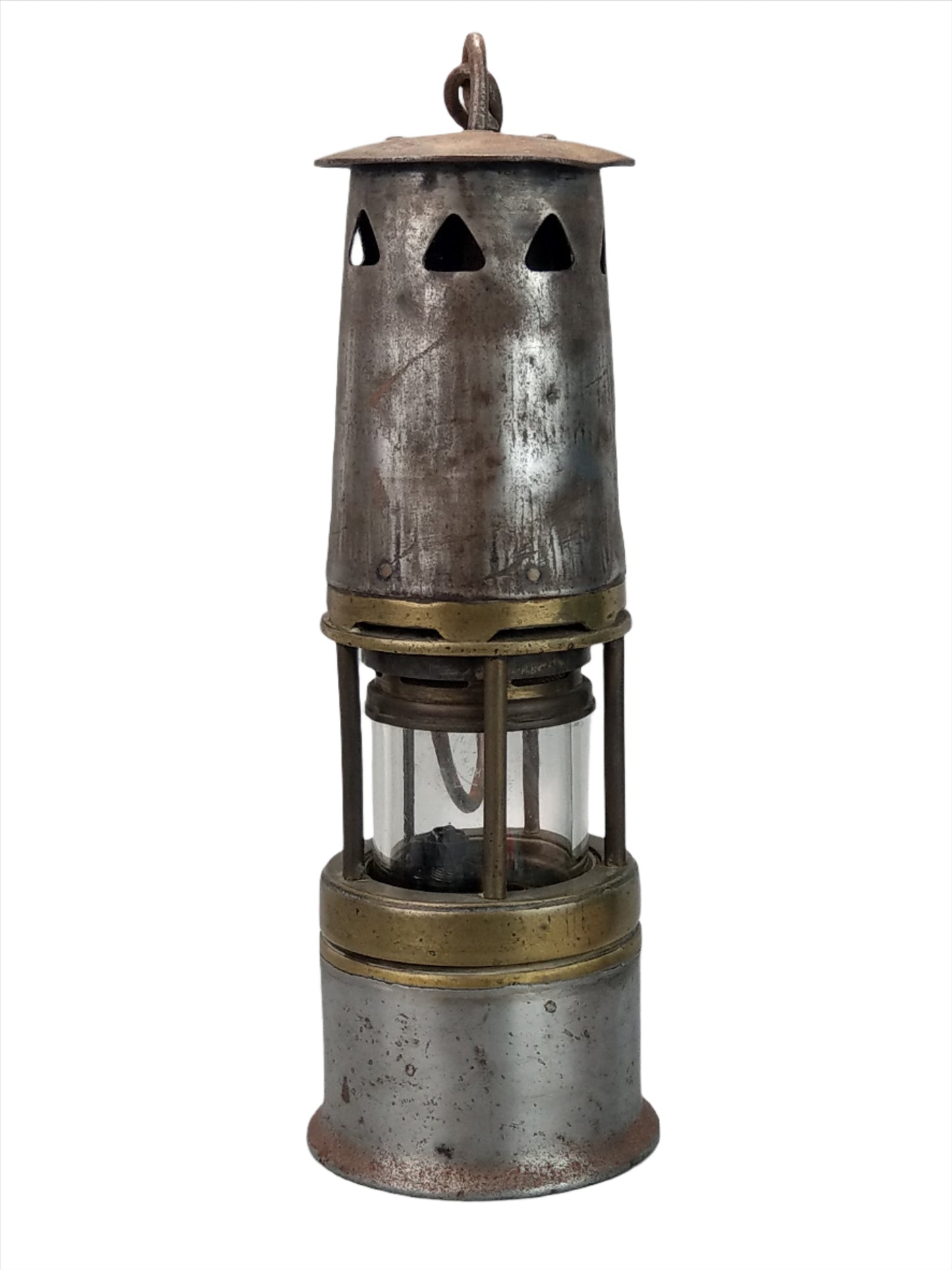 An early mining lamp, Miners Safety Lamp, mining lamp, Antique miners, Wolf Miners Lamp, Steel Brass lamp, primitive lamp, safety meaning lamp, safety steel lamp, antique wolf lamp, wolf type, old meaning lamp, collectors lamp,