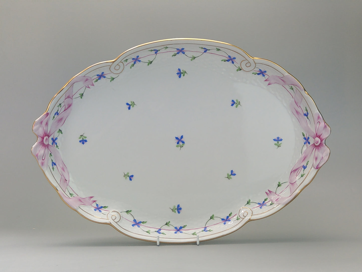 Large tray Herend porcelain Cornflower Blue Garland with pink Ribbon