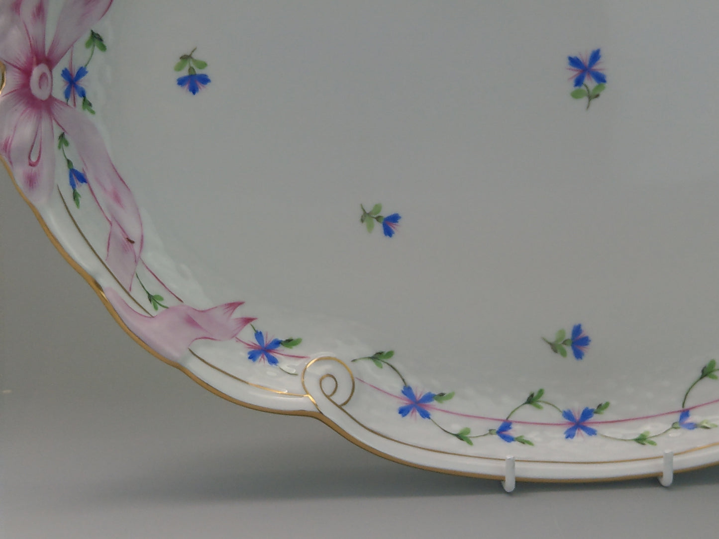 Large tray Herend porcelain Cornflower Blue Garland with pink Ribbon