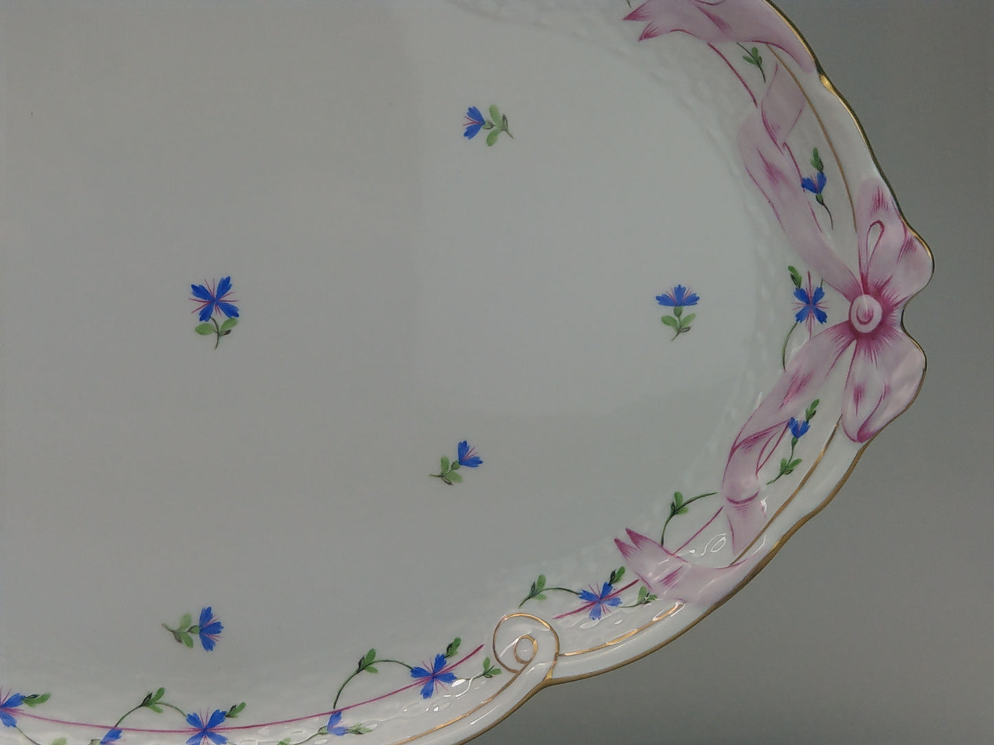 Large tray Herend porcelain Cornflower Blue Garland with pink Ribbon