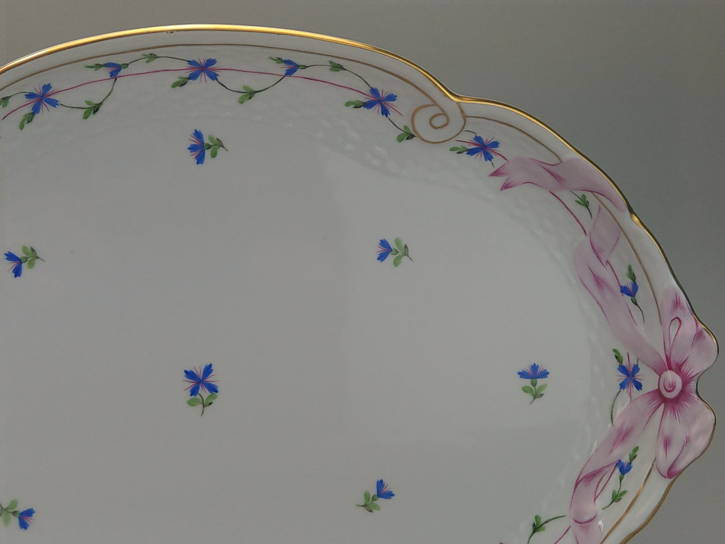 Large tray Herend porcelain Cornflower Blue Garland with pink Ribbon