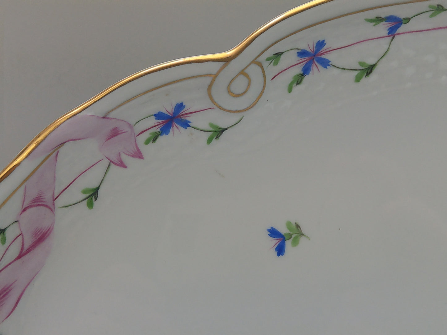 Large tray Herend porcelain Cornflower Blue Garland with pink Ribbon