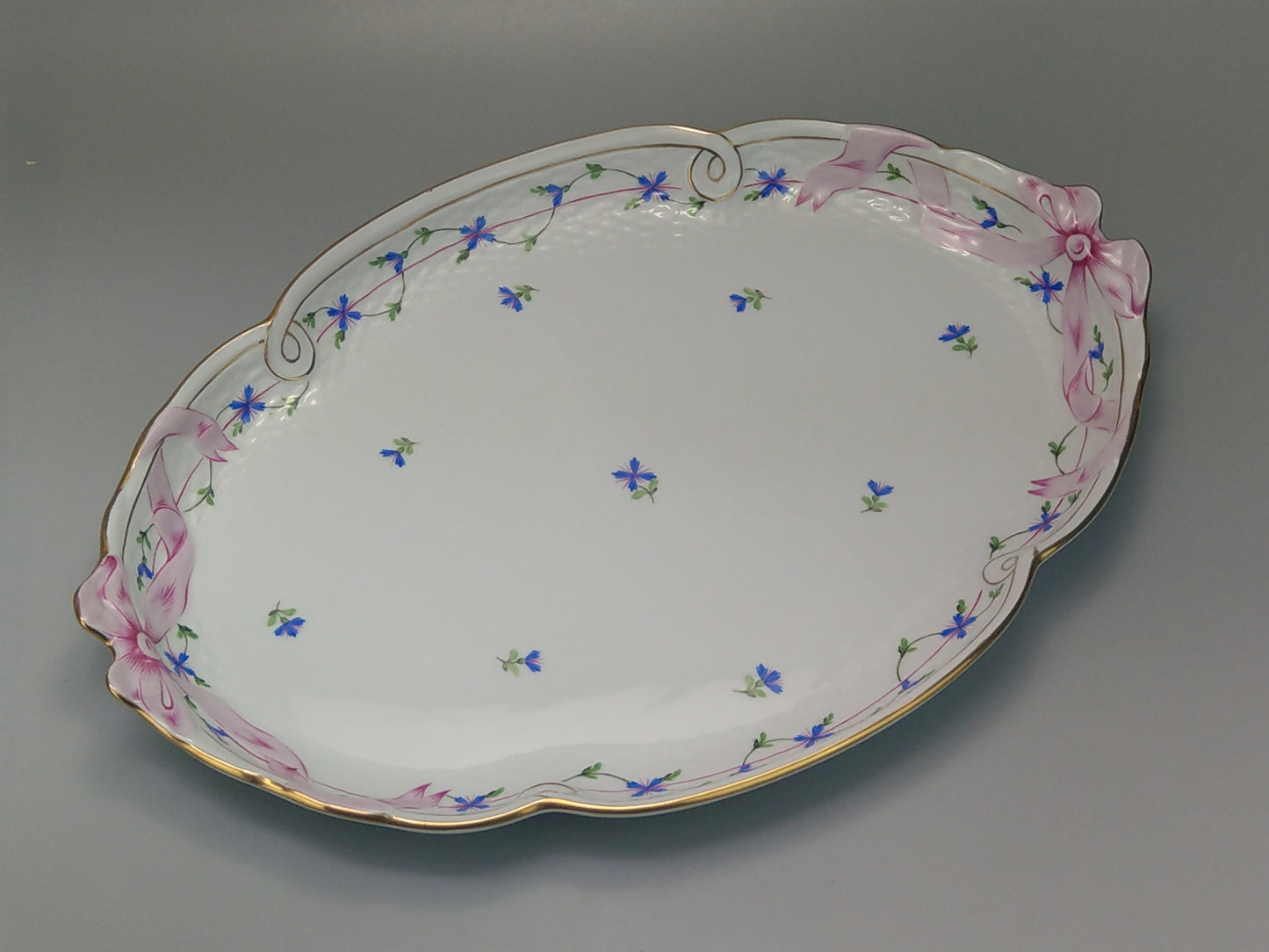 Large tray Herend porcelain Cornflower Blue Garland with pink Ribbon