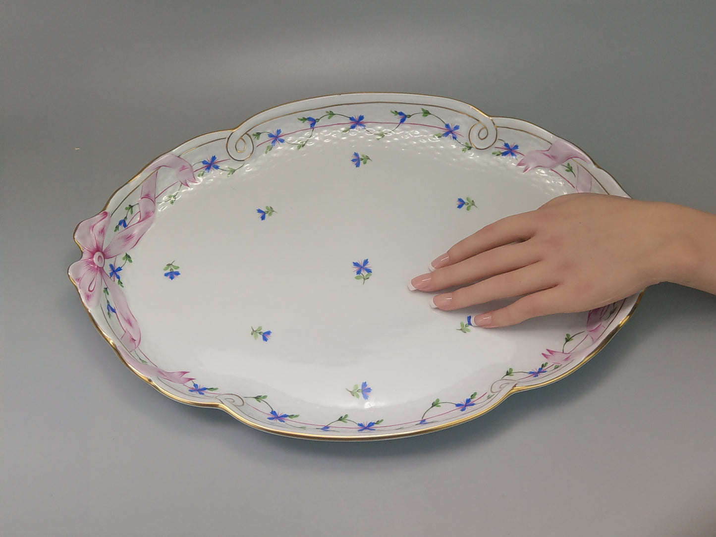 Large tray Herend porcelain Cornflower Blue Garland with pink Ribbon