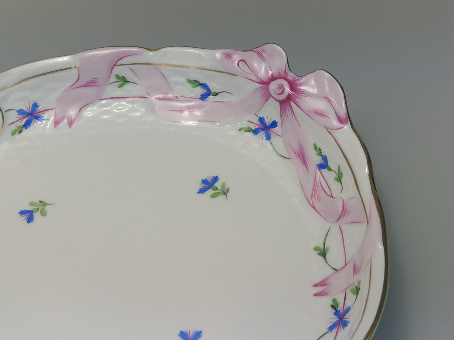 Large tray Herend porcelain Cornflower Blue Garland with pink Ribbon