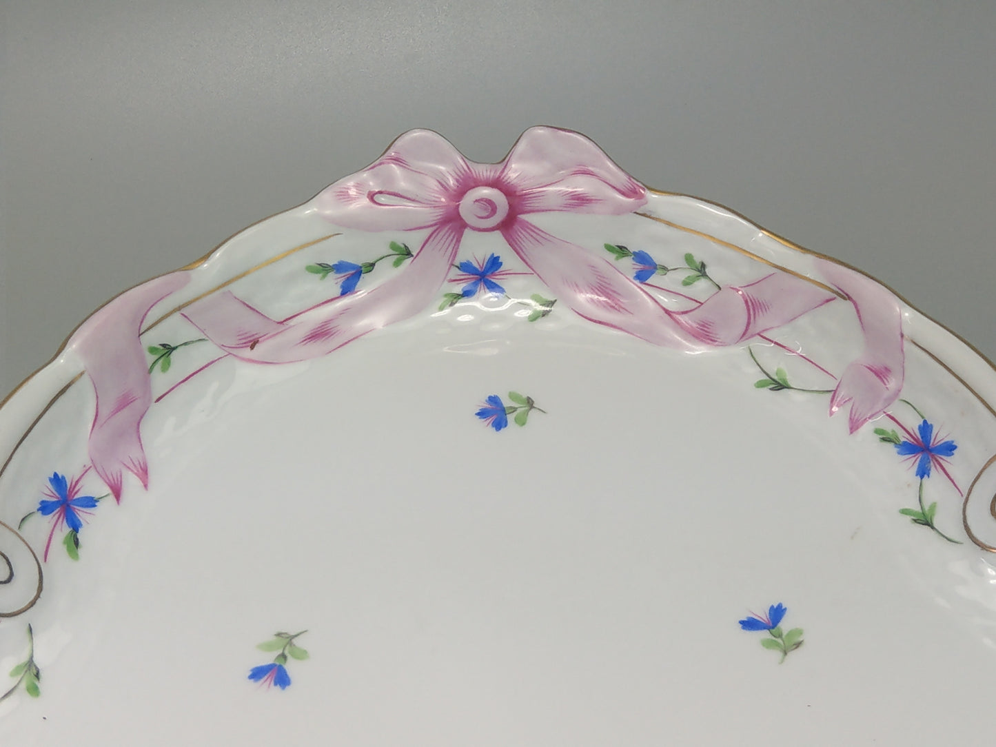 Large tray Herend porcelain Cornflower Blue Garland with pink Ribbon