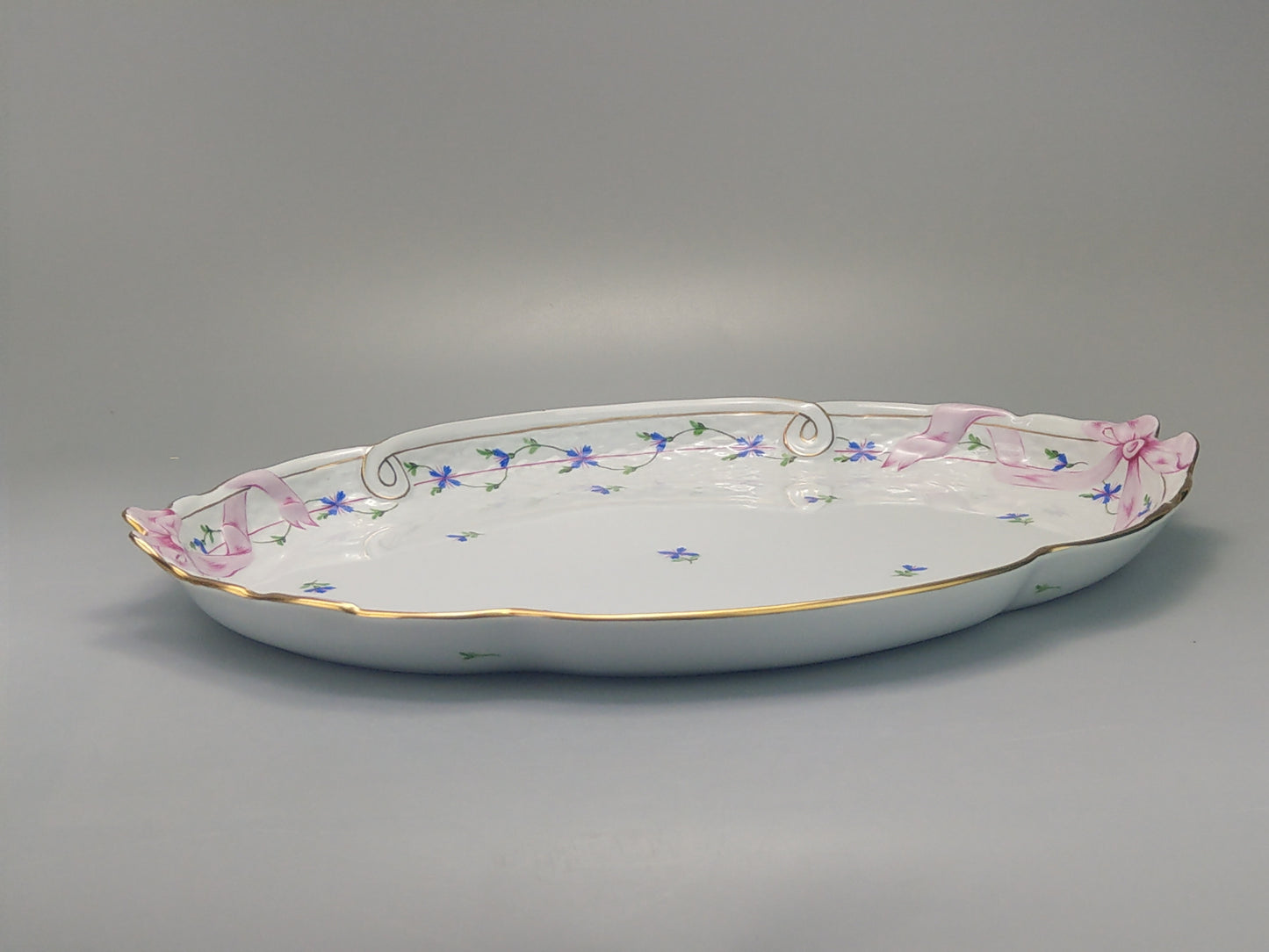 Large tray Herend porcelain Cornflower Blue Garland with pink Ribbon