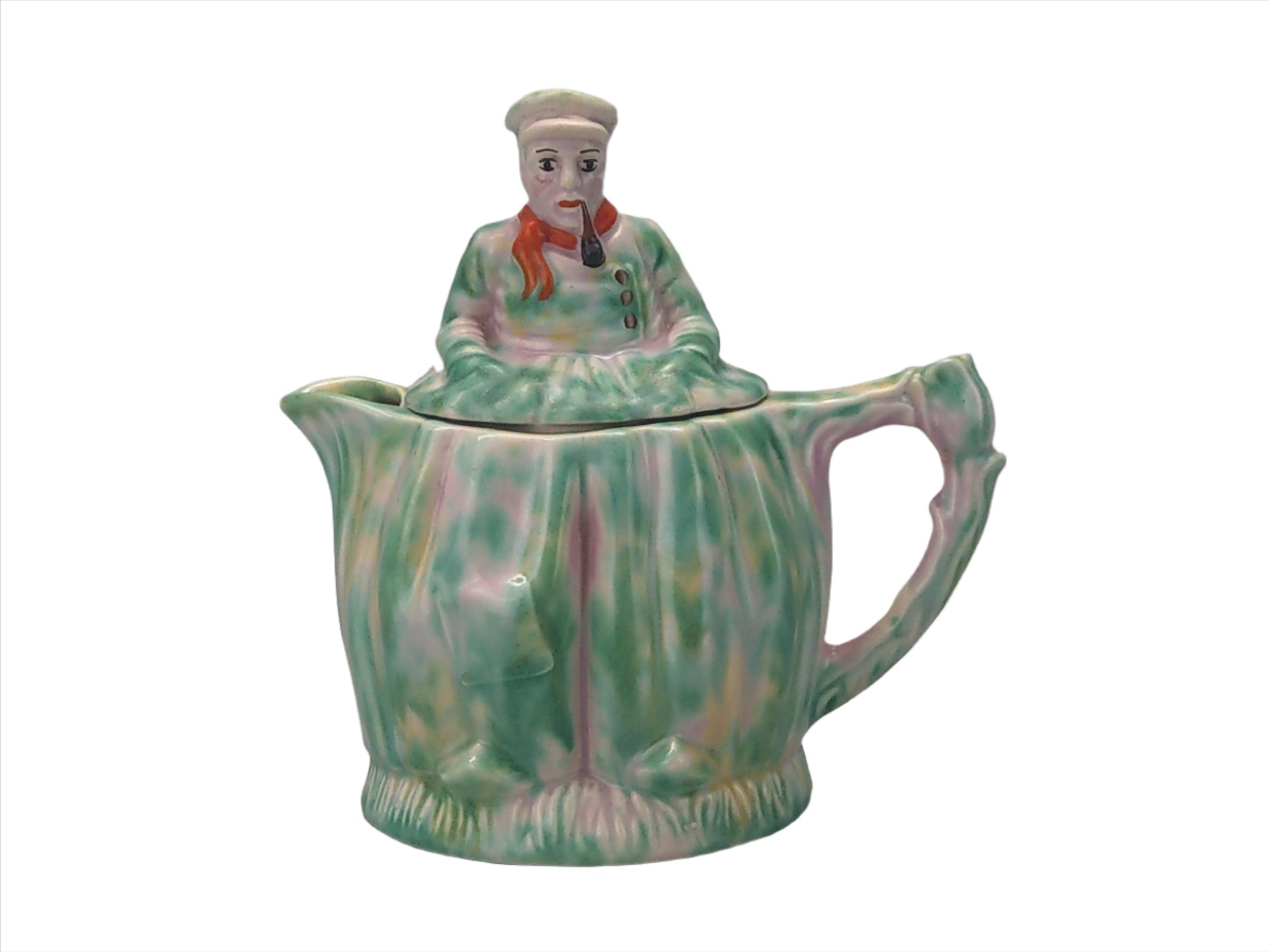   arthur wood, arthur wood pottery, Novelty Tea Pot, Green and Pink Pot, Novelty Arthur Wood, tea pot dutch boy, Pink Mottled Tea Pot, dutch boy tea pot, pottery Arthur Wood, Arthur Wood teapot, figural teapot,