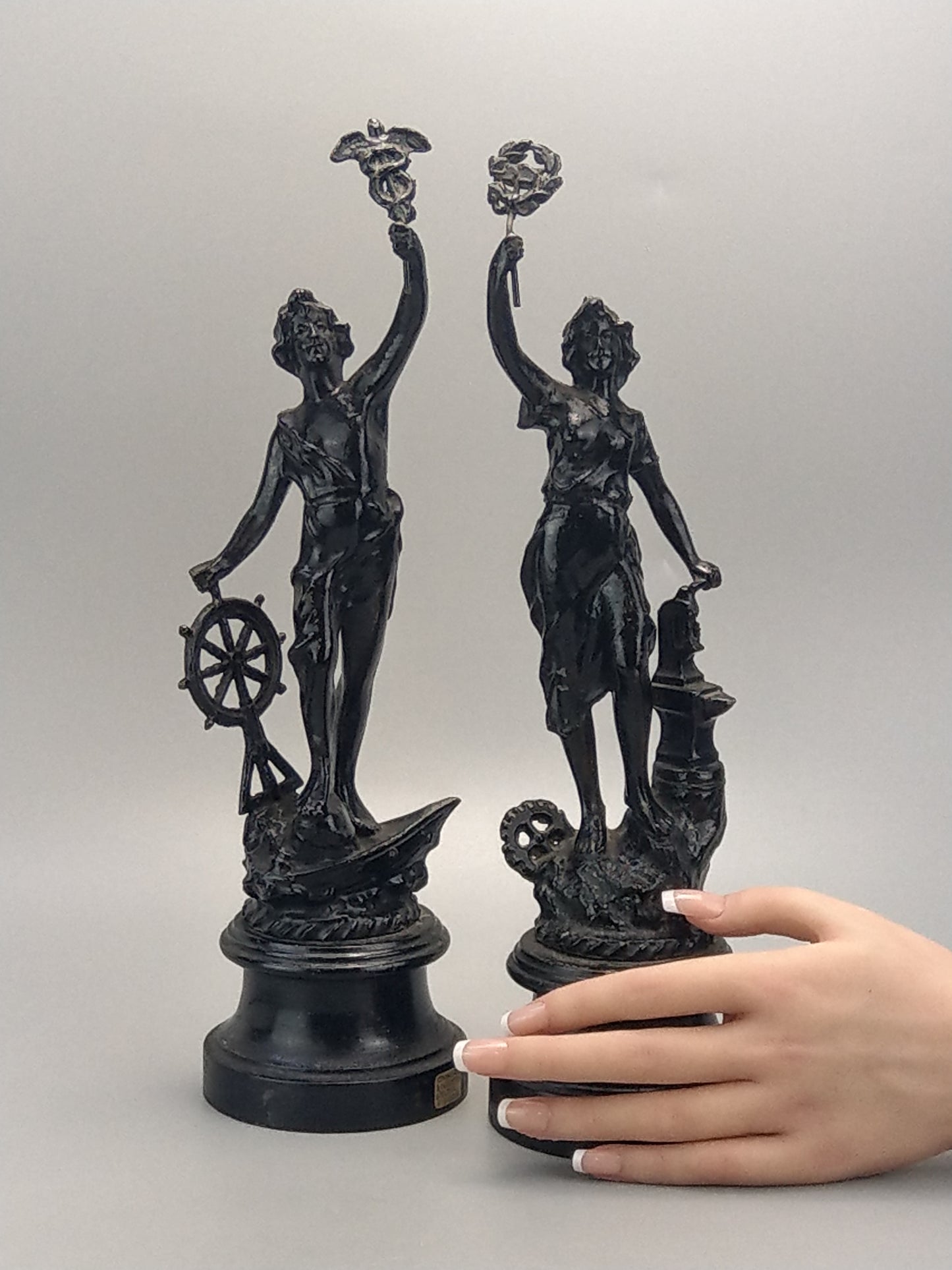 French Revolution Commerce and Industry spelter figures on wood base.