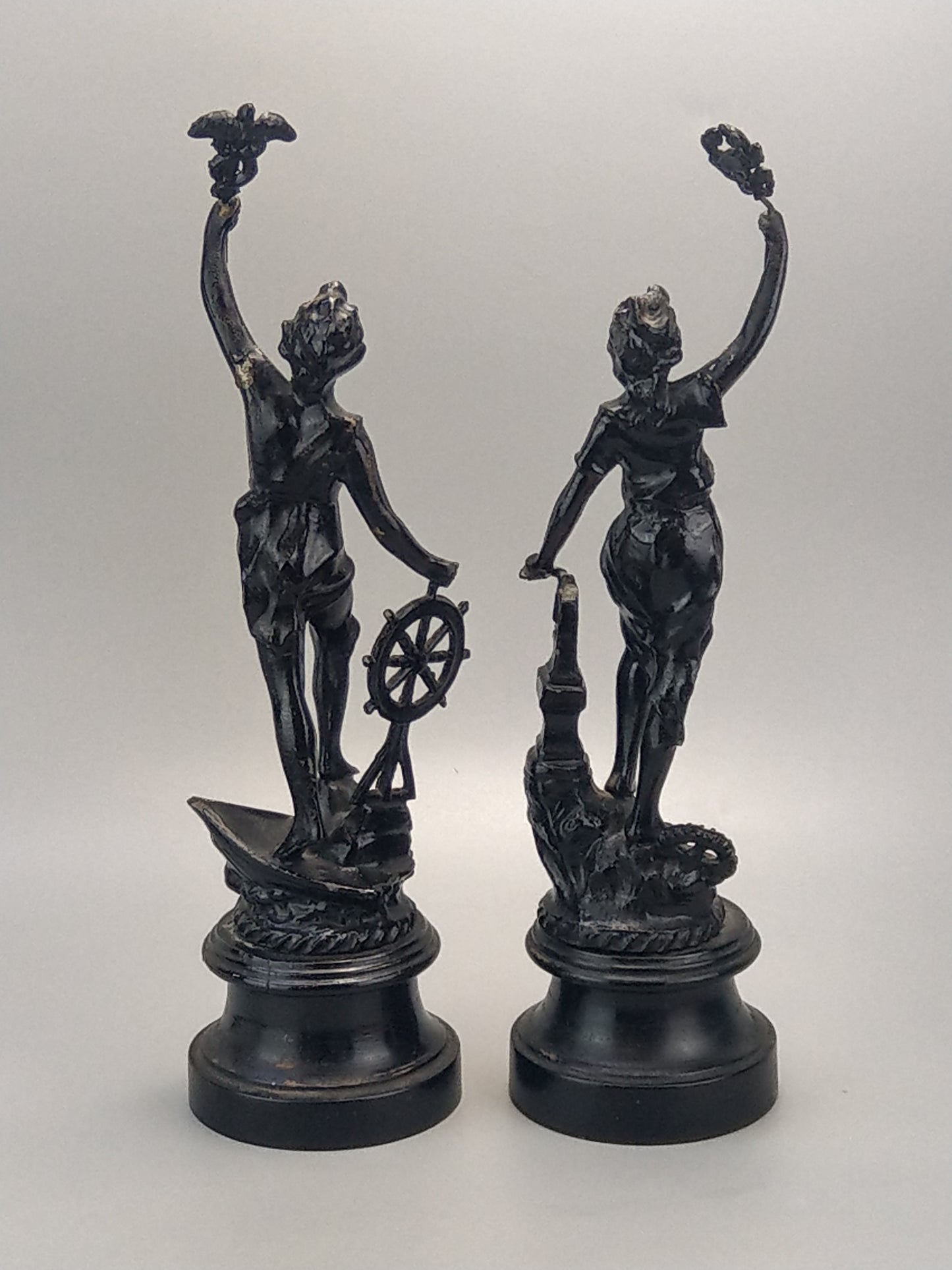 French Revolution Commerce and Industry spelter figures on wood base.