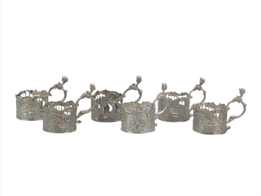 Sterling silver shot glass holders, set of 6, Dutch export for Louis Landsberg, London.