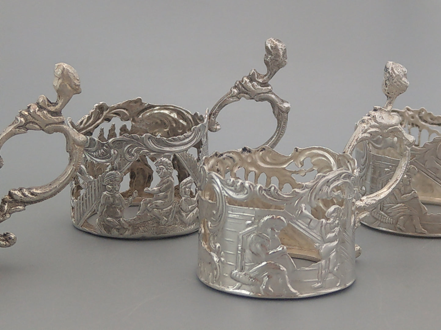 Sterling silver shot glass holders, set of 6, Dutch export for Louis Landsberg, London.