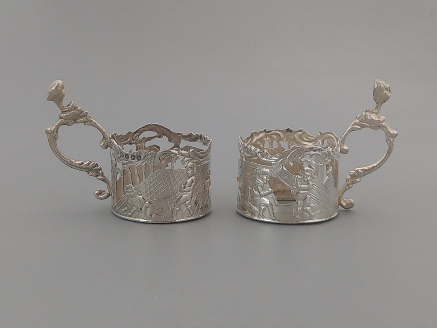 Sterling silver shot glass holders, set of 6, Dutch export for Louis Landsberg, London.