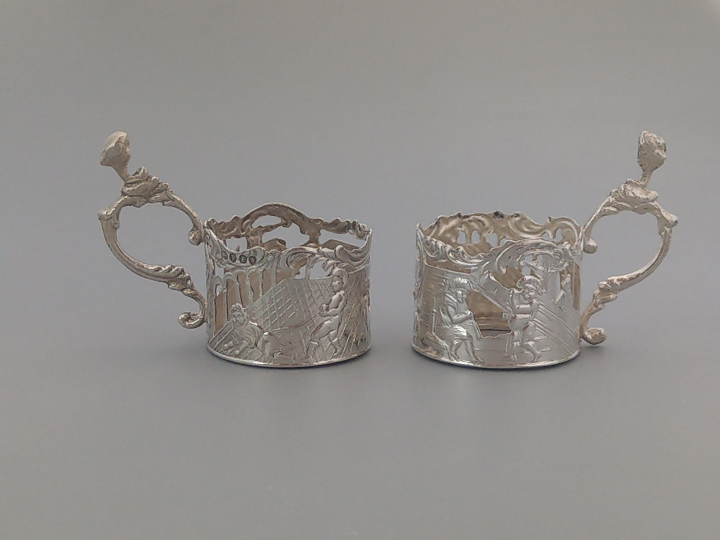 Sterling silver shot glass holders, set of 6, Dutch export for Louis Landsberg, London.