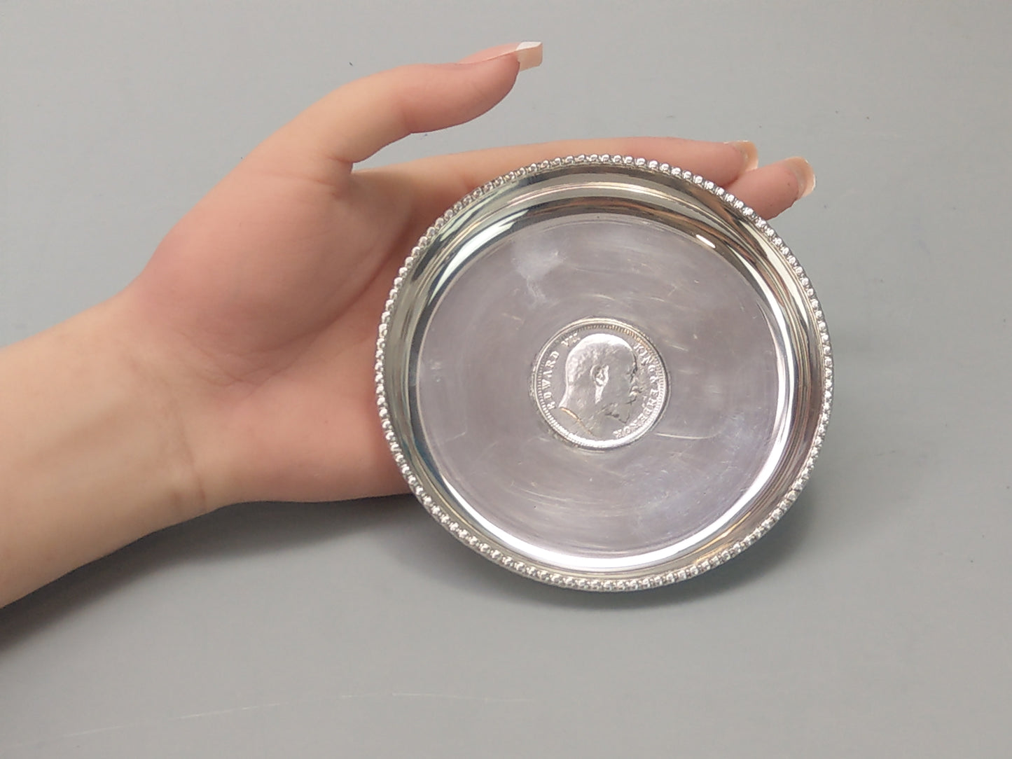 Sterling Silver Coin Dish with Indian 1 Rupee Coin, 1907