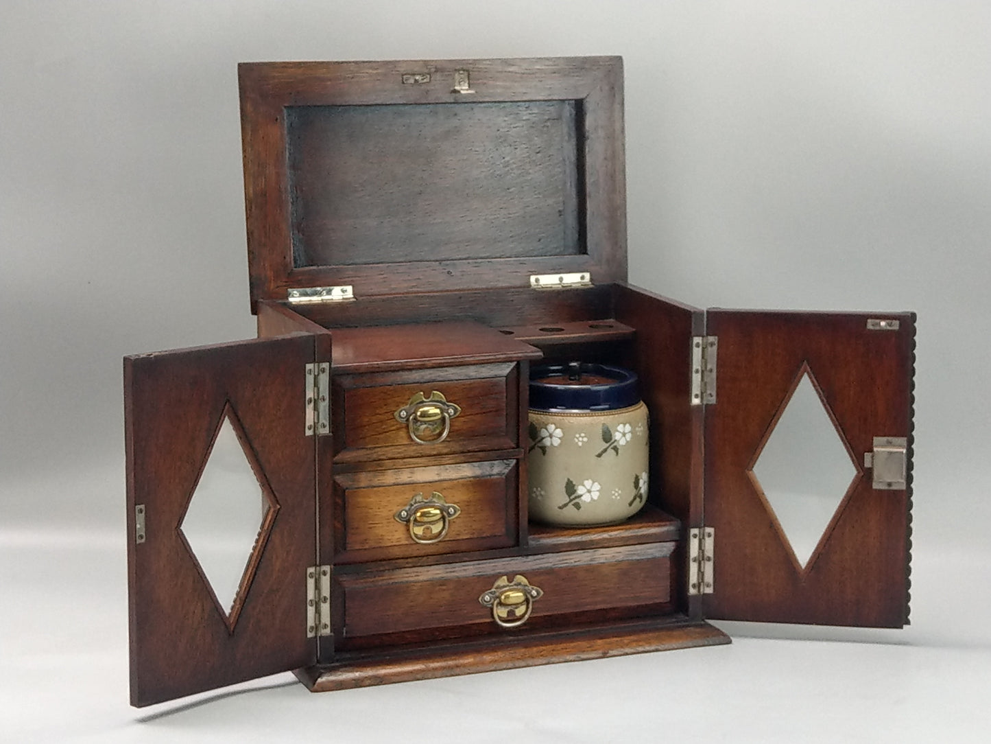 Antique Desktop Oak Smoker's Compendium Cabinet