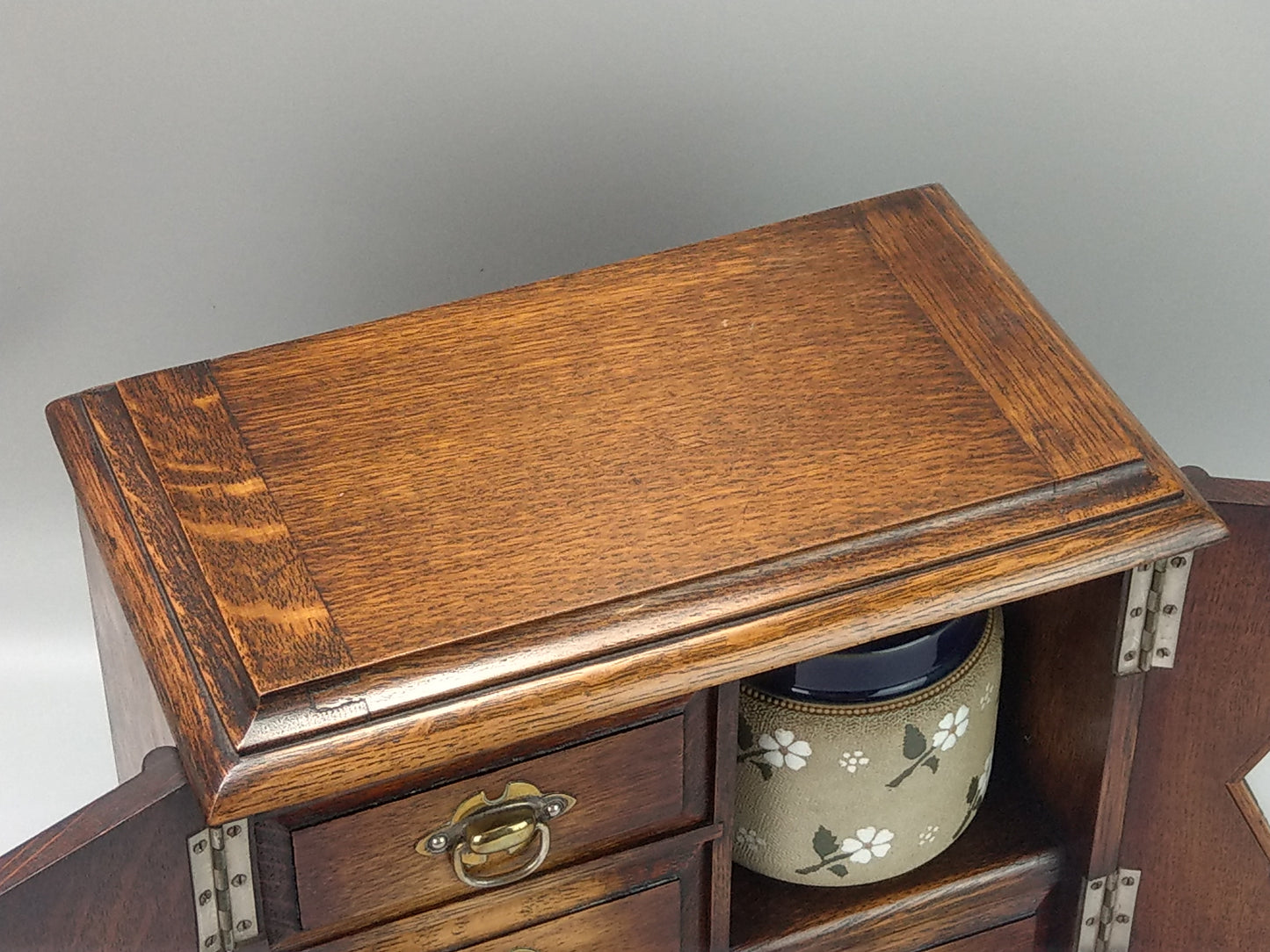 Antique Desktop Oak Smoker's Compendium Cabinet