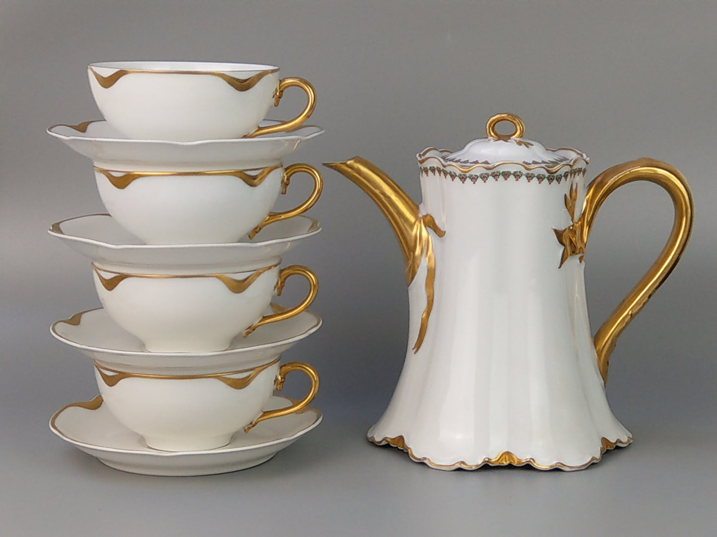 White & Gold Limoges Coffee pot with cups by Haviland