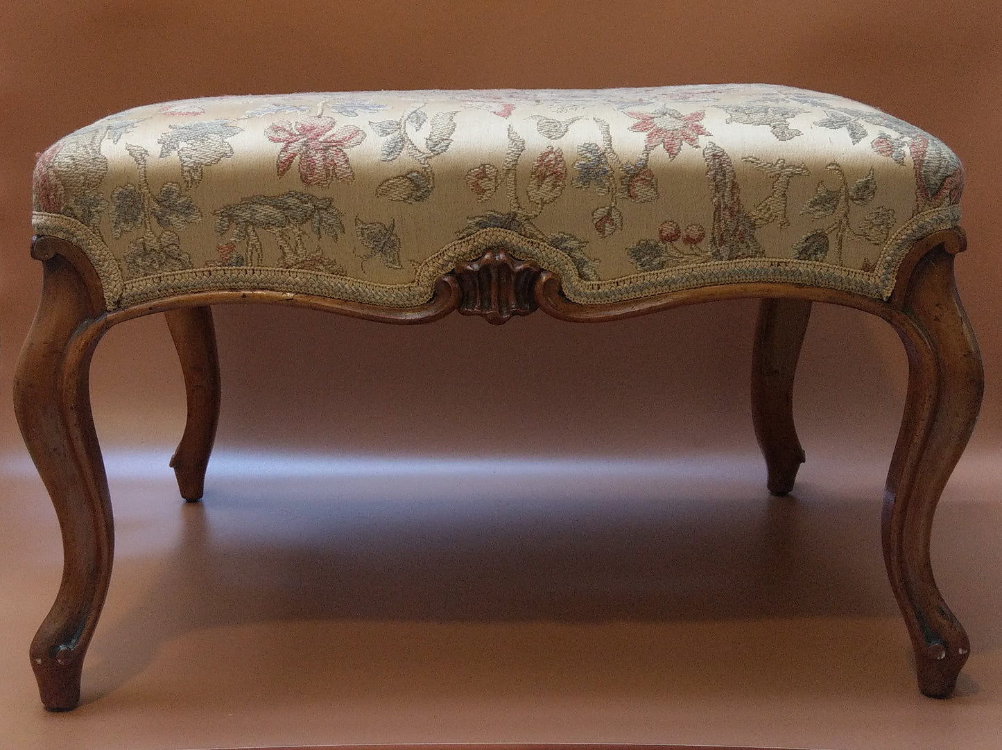 Antique Large Ottoman with Carved Walnut on Cabriole Legs and Needlework by Lady Byron