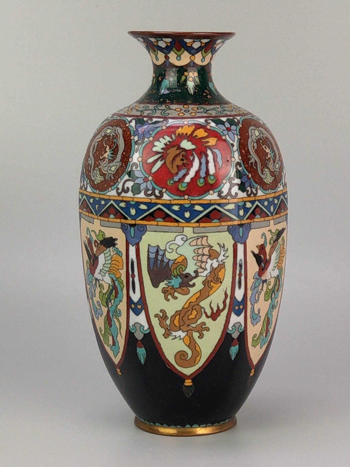 Antique Japanese Cloisonne Enamel Vase Meiji Period with Dragons