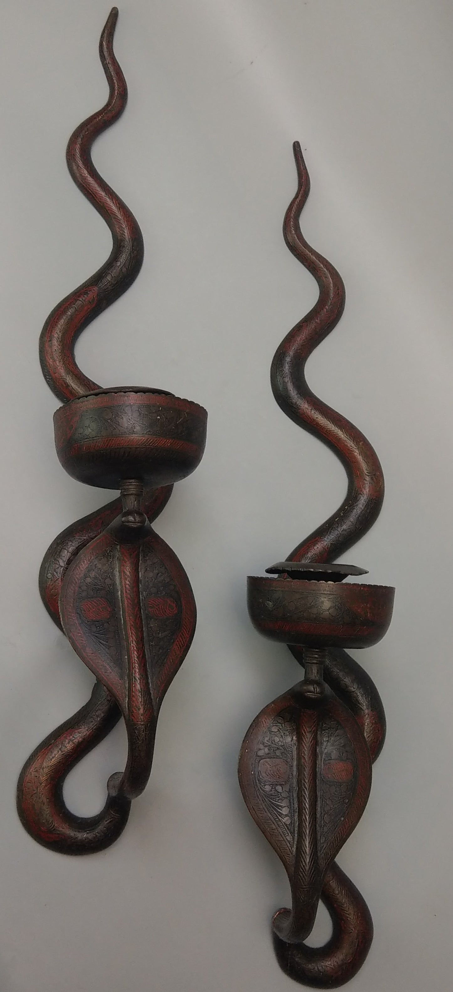 Antique Cobra Candle Sconces a pair of Indian enamelled brass wall sconces