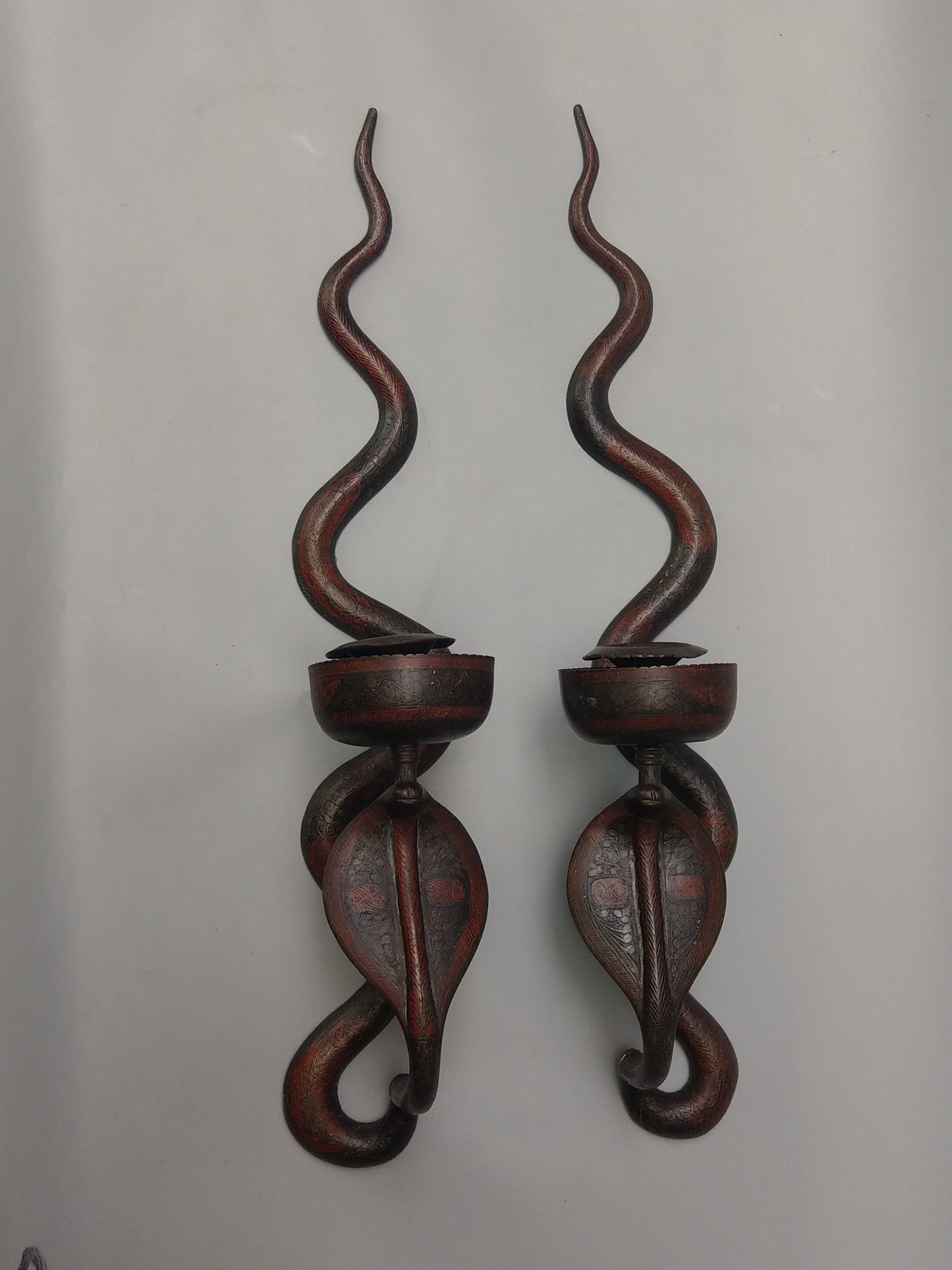 Antique Cobra Candle Sconces a pair of Indian enamelled brass wall sconces