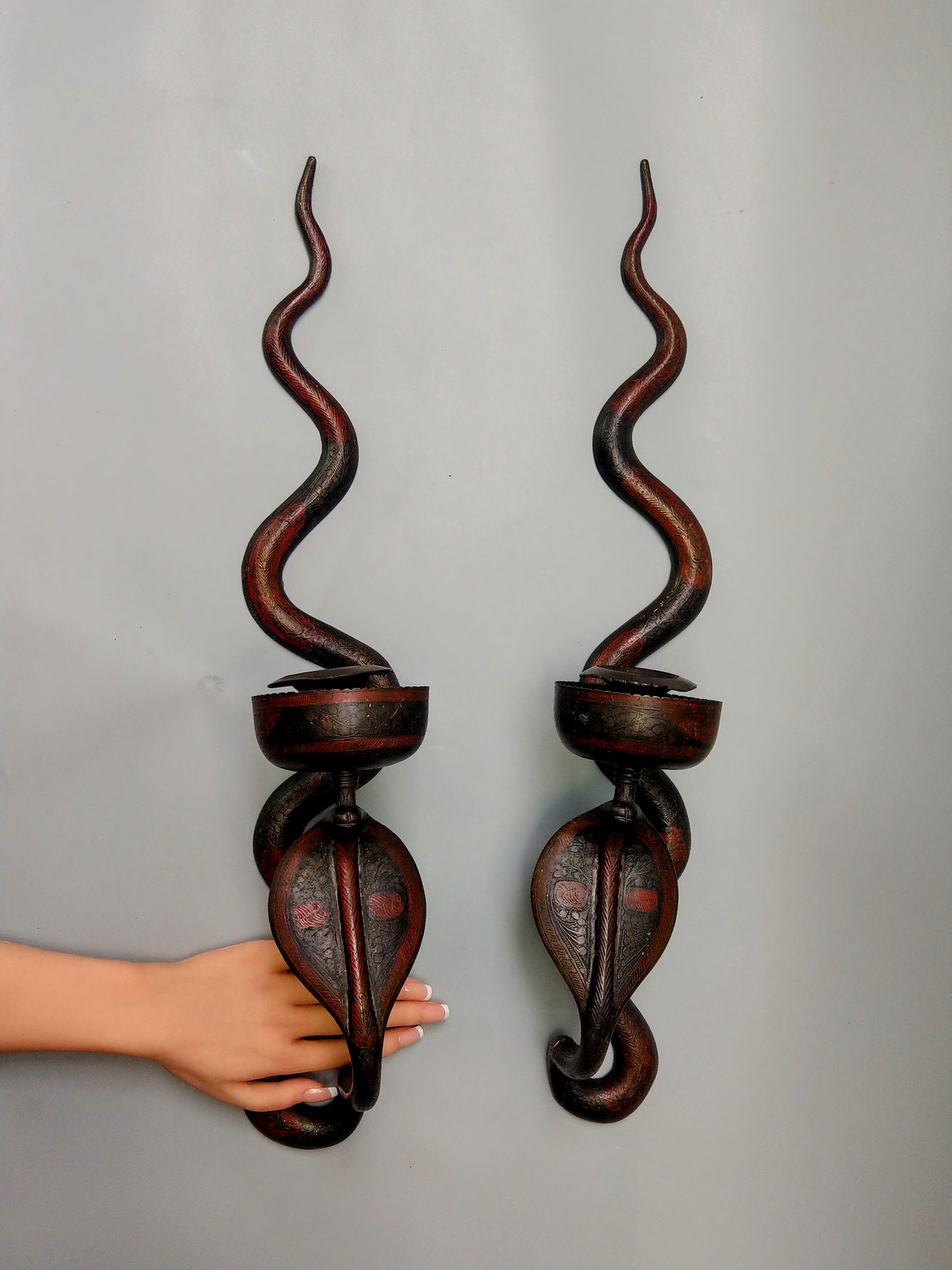 Antique Cobra Candle Sconces a pair of Indian enamelled brass wall sconces