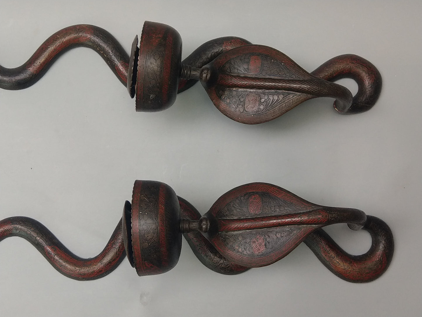 Antique Cobra Candle Sconces a pair of Indian enamelled brass wall sconces