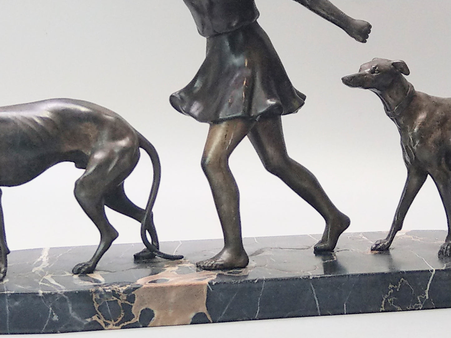 Art Deco Lady with Greyhounds Large Spelter Figure on Portoro Marble
