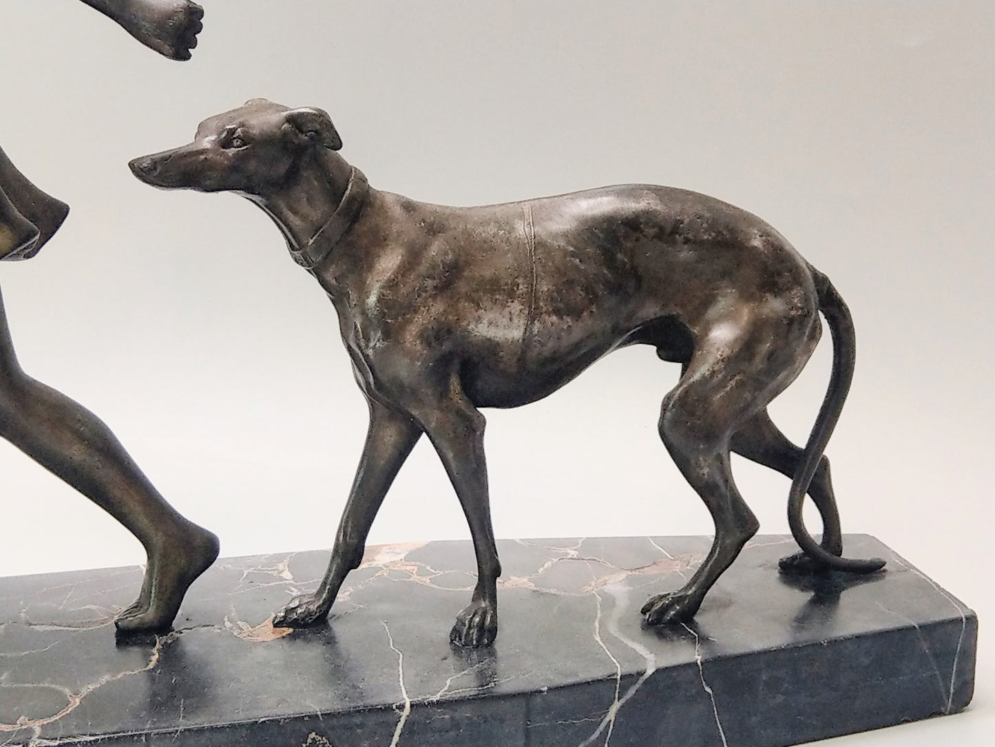 Art Deco Lady with Greyhounds Large Spelter Figure on Portoro Marble