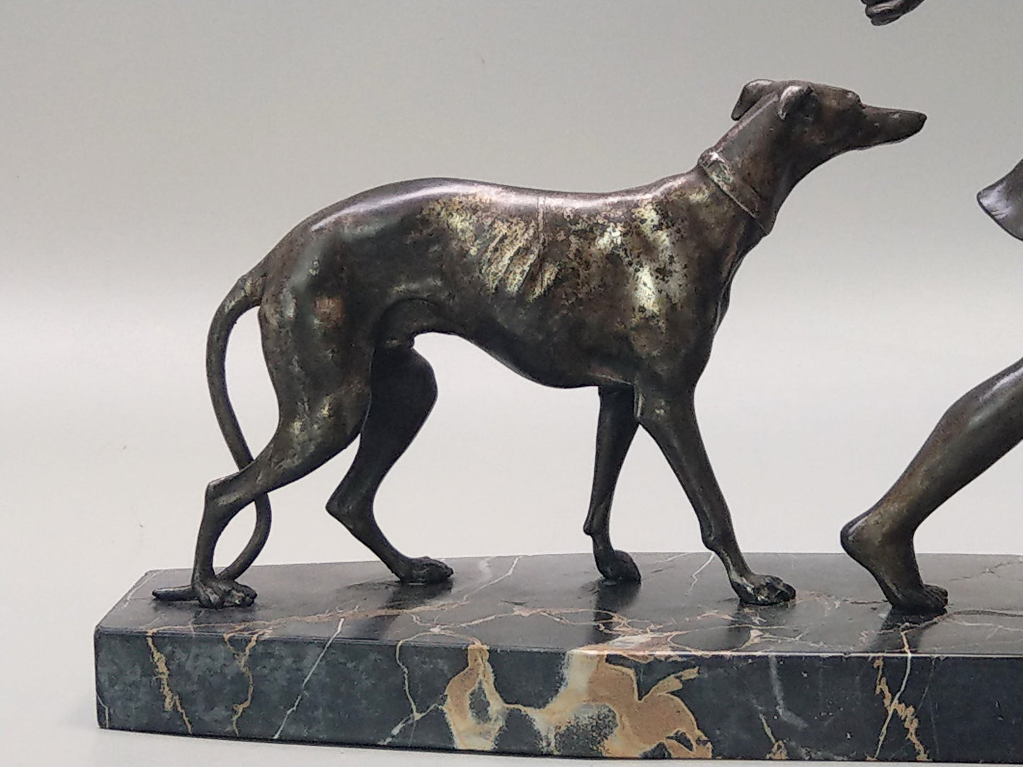 Art Deco Lady with Greyhounds Large Spelter Figure on Portoro Marble